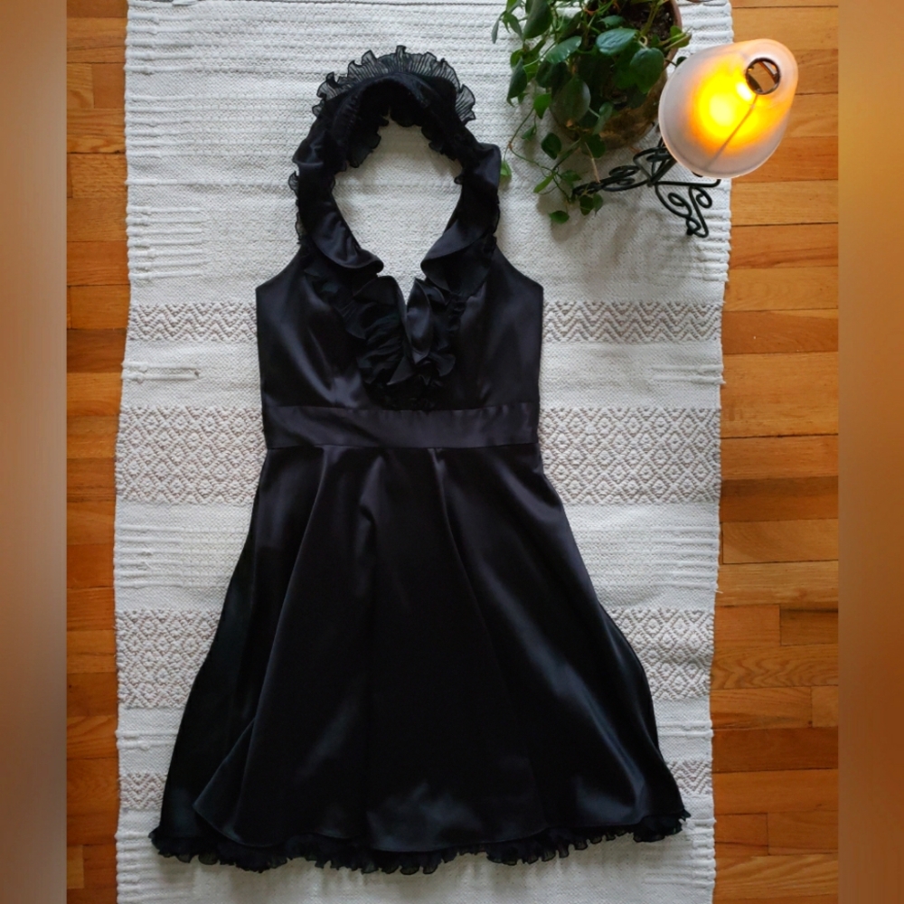 White House Black Market Black Satin Dress with Ruffle Collar